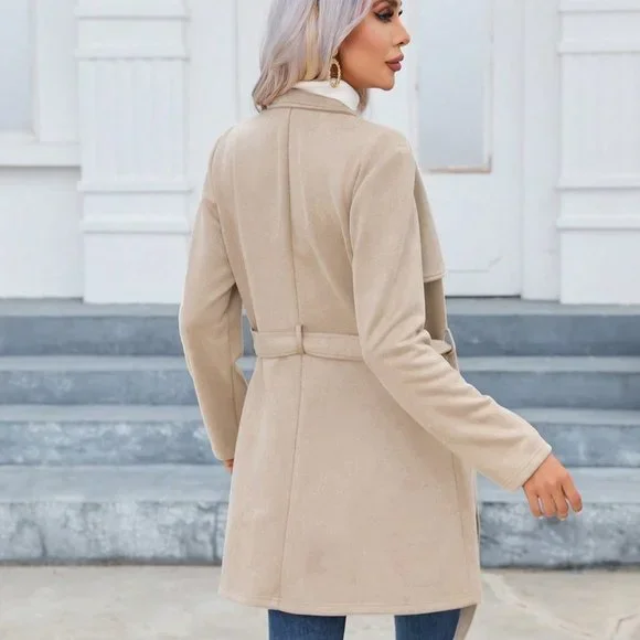 Khaki Preppy Womens Zip Up Belted Coat - Picture 3 of 5